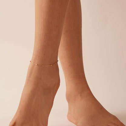 Dainty Ankle Bracelets for Women 18K Gold Plated Waterproof | Satellite Beaded Herringbone Lip Chain Anklets Simple Minimalist Summer Beach Foot Jewelry, Gift Box Included - color: Bead Chain -Gold