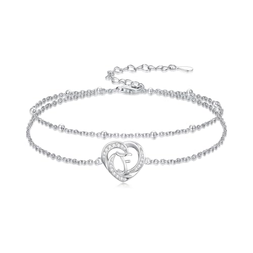 Dorunmo Initial Anklet 925 Sterling Silver Letter A-Z Layered Heart Anklet Beach Jewelry Birthday Gifts for Women - color: F
