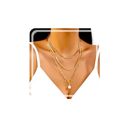 Gmai Layered Necklaces for Women Gold Plated 3/4/5 Piece Adjustable Stackable Necklace Set with Pearl Cross Coin Pendant Dainty Gold Silver Choker Chain Jewelry Gift for Her - style: Pearl 3PC