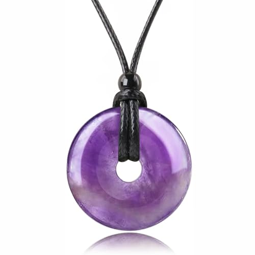 Anjiucc Natural Gemstone Pendant Necklce Lucky Coin Crystal Necklace Donut Pendnat with Adjustable Rope Healing Crystal for Men - color: Amethyst