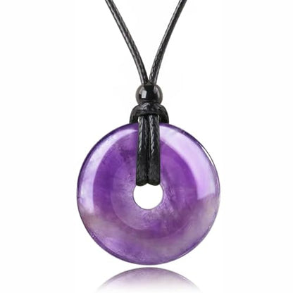 Anjiucc Natural Gemstone Pendant Necklce Lucky Coin Crystal Necklace Donut Pendnat with Adjustable Rope Healing Crystal for Men - color: Amethyst