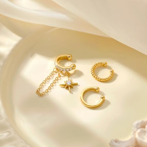 14K Gold Plated Layered Chunky Ear Cuff for Women Thick Ear Clips | Ear Cuff Earrings for Women,Hammered Texture design，Lightweight Hypoallergenic Ear Clips，trendy Jewelry for Daily Party Prom - color: gold 3