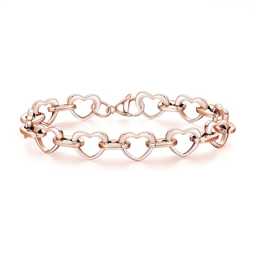 mnmoom Heart Bracelets for Women Stainless Steel with Rose gold, gold plating Heart links bracelets - color: Rose gold