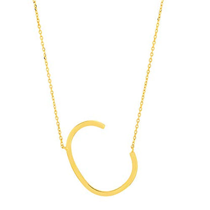 MAX + STONE 14k Gold Plated Sterling Silver Large Sideways Block Initial Letter Pendant Necklace for Woman with 16 Inches to 18 Inches Adjustable Chain and Spring Ring Clasp - style: Letter C