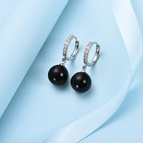 CERSLIMO Pearl Drop Earrings for Women | S925 Sterling Silver Post Simulated Shell Pearl Hoop Dangle Earrings, Hypoallergenic Cubic Zirconia Huggies Earrings Bridesmaid Jewelry - style: 01 Black-Round