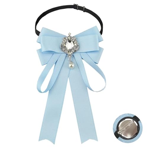 Fashion Ribbon Bow Tie Brooch Pins for Women Girls Crystal Pearl Uniform Pre-Tied Bowknot Corsage Party Ceremony Accessories - color: 117-Blue