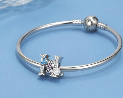 S925 Silver Butterfly Initial Letter Charms Fit for Pandora Charms Bracelets and Necklace Alphabet Bead Charms Jewelry Gifts for Women - color: H