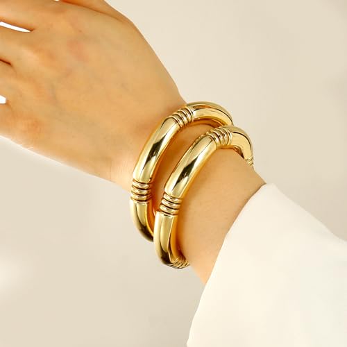 Gold Chunky Bangles Bracelets For Women 14k Gold Plated Stack Layered Curved Bamboo Tube Stretch Bracelets Gift Jewelry - color: 2pcs Gold