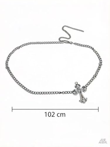 Silver Rhinestone Cross Waist Chain Body Chain, Vintage Gothic Style, Adjustable, 40 Inch