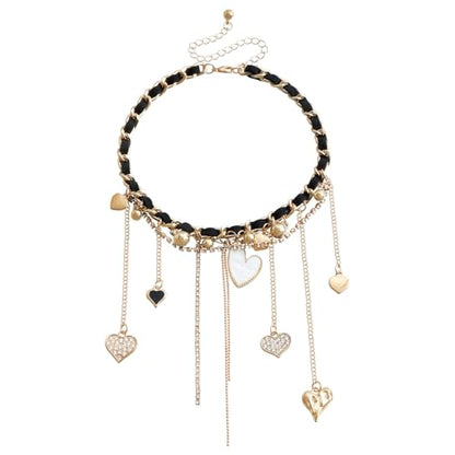 PLOUTOS Statement Layered Choker Necklace for Women Black Woven Chain With Charms And Dangles Plus-Shape Star Spike And Bar Pendants Adjustable Punk Y2K Style - color: Gold A