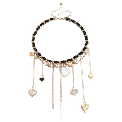 PLOUTOS Statement Layered Choker Necklace for Women Black Woven Chain With Charms And Dangles Plus-Shape Star Spike And Bar Pendants Adjustable Punk Y2K Style - color: Gold A