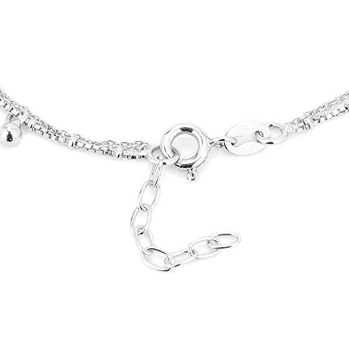 Vanbelle Sterling Silver Jewelry - Rhodium Plated 925 Stamp - Double Layered & Hanging Beaded Chain Anklet - Stylish Beautifully Designed for Women - 9" Long + 1" Extender