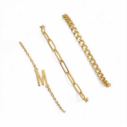 3PCS Gold Bracelet Set for Women, 14K Gold Plated Initial Letter Jewelry, Layered Paperclip and Cuban Chain Stack, Adjustable Stainless Steel Gift - style: Initial-M