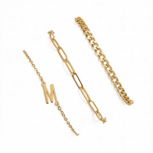 3PCS Gold Bracelet Set for Women, 14K Gold Plated Initial Letter Jewelry, Layered Paperclip and Cuban Chain Stack, Adjustable Stainless Steel Gift - style: Initial-M