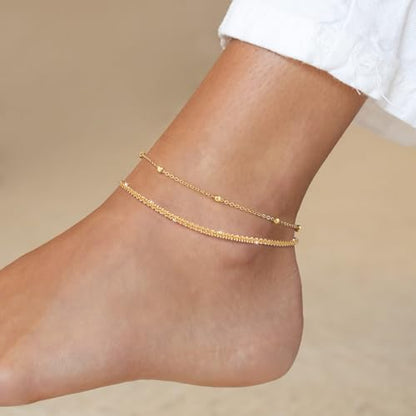 Robaice Ankle Bracelets for Women, 14K Gold Plated/Silver Layered Anklets | Waterproof Adjustable Anklet for Women, Summer Beach Anklet, Glitter Jewelry for Women Gifts - color: Gold-1