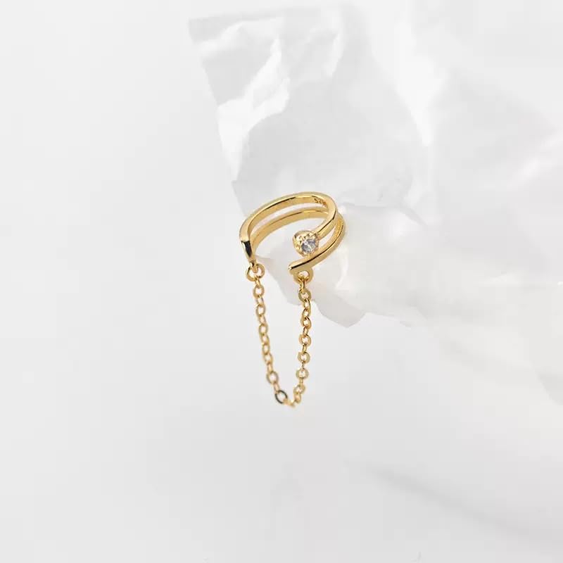 14K Gold Plated Double Layer Cuff Earring with Chain & Cubic Zirconia, Minimalist Dangle Ear Cuff for Women, No Piercing Needed