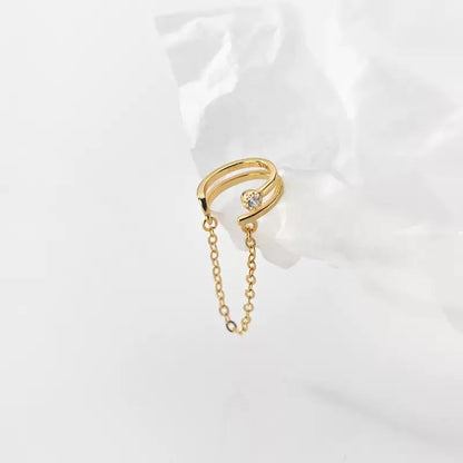 14K Gold Plated Double Layer Cuff Earring with Chain & Cubic Zirconia, Minimalist Dangle Ear Cuff for Women, No Piercing Needed