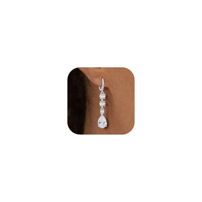 Dangle Earrings for Women Trendy, 14K Gold Plated CZ Huggie Drop Earrings, Dainty Long Chain Prom Wedding Jewelry Gift for Her - style: Teardrop CZ Silver