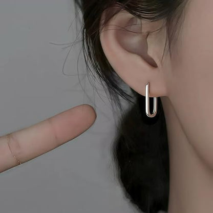 Silver/14K Gold-Plated Women's Hoop Earrings – Hypoallergenic Rectangle Geometric Mini Hoops, Minimalist Everyday Gift - color: silver