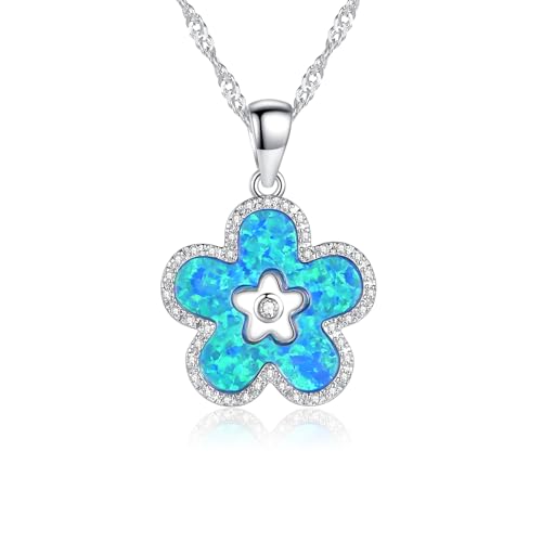 CiNily Opal Leaf/Flower Pendant Necklace for Women Silver Plated Jewelry Gift - color: Silver-Blue