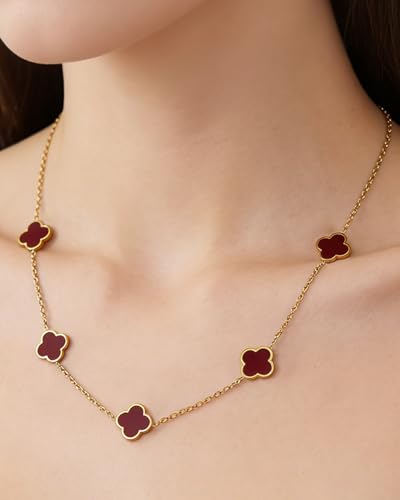 Four Leaf Clover Necklace 18K Gold Plated Necklaces for Women Lucky Flower Pendant Adjustable Link Chain Stainless Steel Dainty Trendy Simple Jewelry Gifts for Women - color: 5G-Single Red