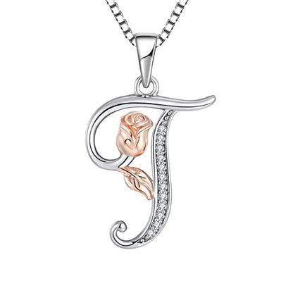 STARCHENIE Initial Necklace for Women Sterling Silver Letters 26 Alphabet Pendant Rose Flower Jewelry Gifts for Family Sisters Friend - color: T