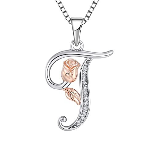 STARCHENIE Initial Necklace for Women Sterling Silver Letters 26 Alphabet Pendant Rose Flower Jewelry Gifts for Family Sisters Friend - color: T