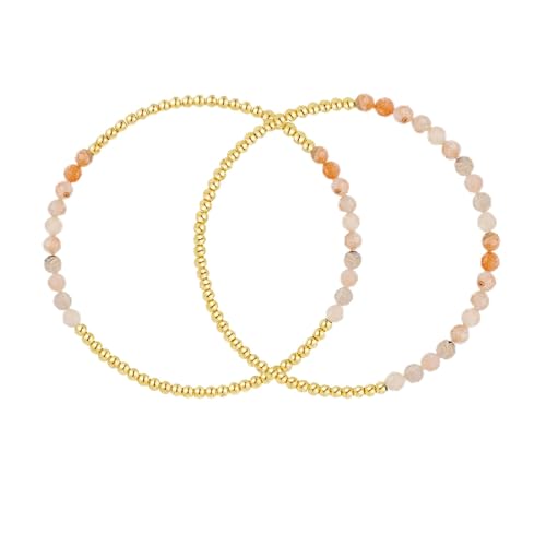 Kainier Gold Beaded Bracelets for Women 2Pairs 14K Gold Plated Stretch Bracelet Set Stackable Tarnish Dainty Natural Stone Bead Bracelets Gift - color: Amazonite