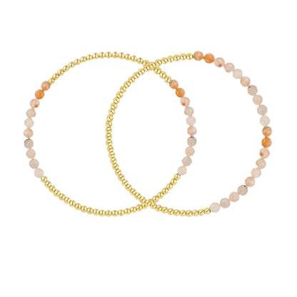 Kainier Gold Beaded Bracelets for Women 2Pairs 14K Gold Plated Stretch Bracelet Set Stackable Tarnish Dainty Natural Stone Bead Bracelets Gift - color: Amazonite