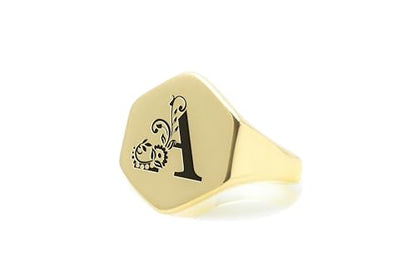 Flower Letter Gold Signet Ring - Custom Initial's Ring - Engraved Letter Signet Ring - Name Ring