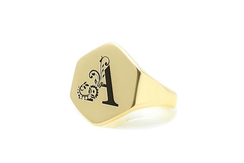 Flower Letter Gold Signet Ring - Custom Initial's Ring - Engraved Letter Signet Ring - Name Ring