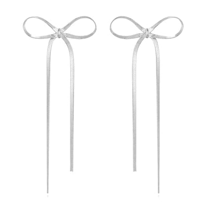 Gold Silver Bow Drop Earrings for Women Long Tassel Chain Bow Earrings Ribbon Bowknot Dangle Earrings Jewelry Gifts - color: Silver Bow A