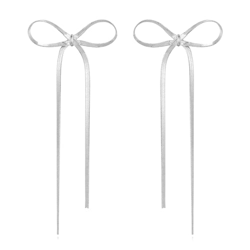 Gold Silver Bow Drop Earrings for Women Long Tassel Chain Bow Earrings Ribbon Bowknot Dangle Earrings Jewelry Gifts - color: Silver Bow A