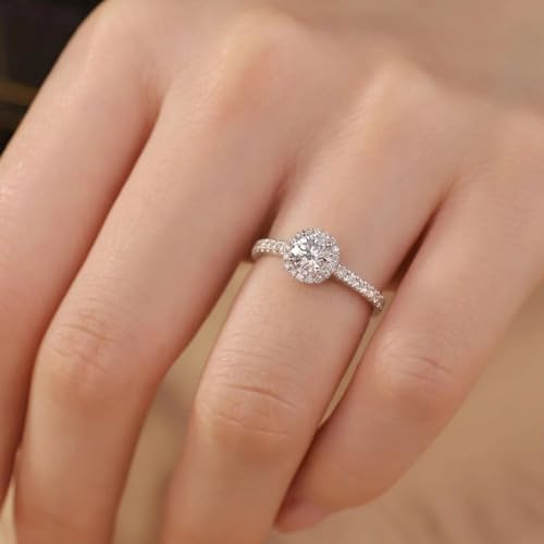 LUSHE Moissanite Engagement Ring 1-2CT D Color VVS1 Clarity 925 Sterling Silver with 18K White Gold Plated Solitaire Moissanite Wedding Promise Rings for Women - color: 005-1 Carat