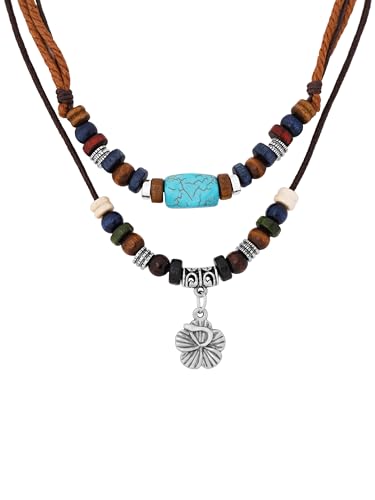 MINACHI Layered Boho Wood Bead Choker Necklace, Hollow Flower Charm, Personality Jewelry for Men and Women - style: Necklace L10-030