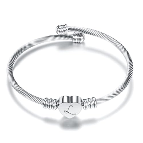 A-Z Silver Love Heart Initial Letter Alphabet Name Cuff Bracelet Open Bangle Adjustable Jewellery Gift For Daughter Sisters Friends Mum Birthday Compatible With Pandora Clip Charm - color: L Silver Heart