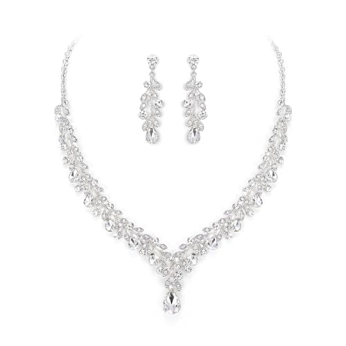 Bridal Jewelry Set for Women, Elegant Gorgeous Crystal Teardrop Wedding Leaf Necklace Earrings for Brides Bridesmaids Prom Formal Evening Party Jewelry Gifts - color: Clear Silver-Tone