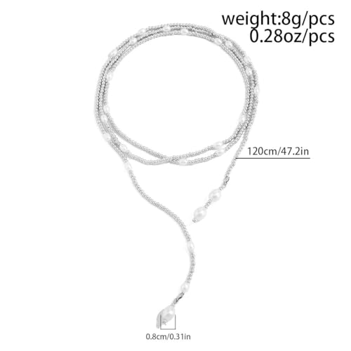 Long Black Beaded Necklace for Women Trendy Gold Beads Slip Tie Pearl Wrap Necklace Layered Silver Lariat Necklaces with Pearl Drop Y Statement Necklaces Versatile Elegant Jewelry - color: Silver-Plated