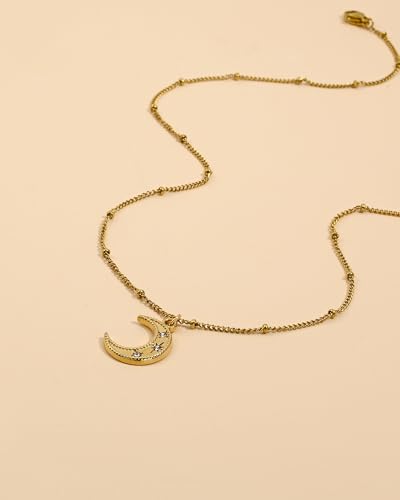 Crescent Moon Necklace Dainty Cubic Zirconia Star Pendant Necklaces for Women Trendy Adjustable Ball Chain Moon Jewelry Gift