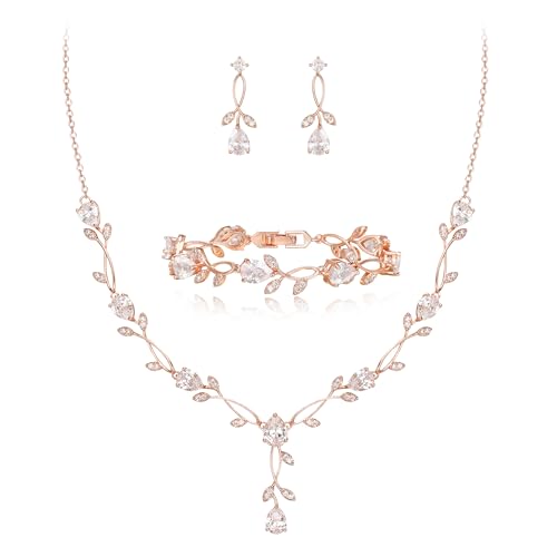 EVER FAITH Cubic Zirconia Pearl Leaf Bridal Jewelry Set for Bride Women | White Wedding Prom Necklace Dangle Earrings Bracelet, for Bridesmaid - color: CZ_Clear Rose Gold-Plated-Brass