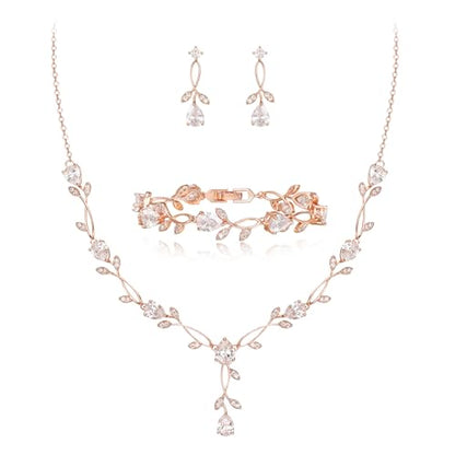 EVER FAITH Cubic Zirconia Pearl Leaf Bridal Jewelry Set for Bride Women | White Wedding Prom Necklace Dangle Earrings Bracelet, for Bridesmaid - color: CZ_Clear Rose Gold-Plated-Brass