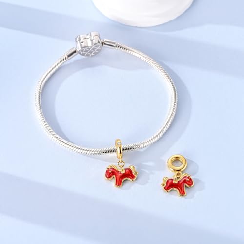Hapour 925 Sterling Silver Charm for Bracelet Necklace Women Pendant Beads | Virgin Mary Charm, Religious Cross Heart Dragon European Jewelry Mom Charm - color: Golden Red Pony
