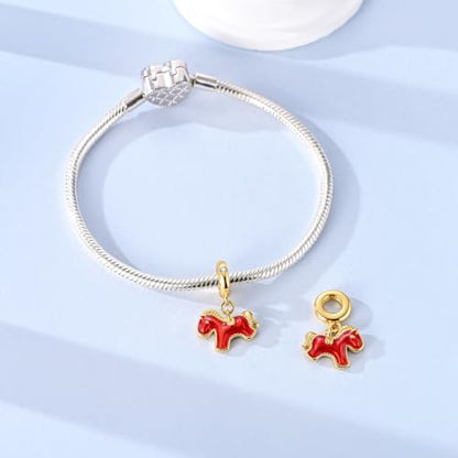 Hapour 925 Sterling Silver Charm for Bracelet Necklace Women Pendant Beads | Virgin Mary Charm, Religious Cross Heart Dragon European Jewelry Mom Charm - color: Golden Red Pony