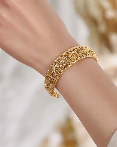 Intricate Floral Pattern Cuff Bracelet for Women - Sterling Silver Bangle, Bohemian Chunky Wide Bracelet Silver & Gold - color: Gold-A