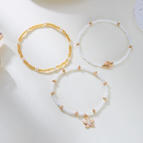 Starfish Mermaid Anklets Bracelets for Women Waterproof Gold Beaded Seashell Starfish Anklets Bohemian Summer Surf Stackable Anklet Bracelet Hawaiian Mermaid Jewelry Outfits for Women - style: Bead starfish