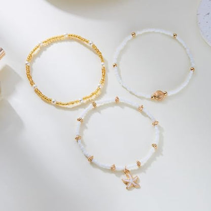 Starfish Mermaid Anklets Bracelets for Women Waterproof Gold Beaded Seashell Starfish Anklets Bohemian Summer Surf Stackable Anklet Bracelet Hawaiian Mermaid Jewelry Outfits for Women - style: Bead starfish