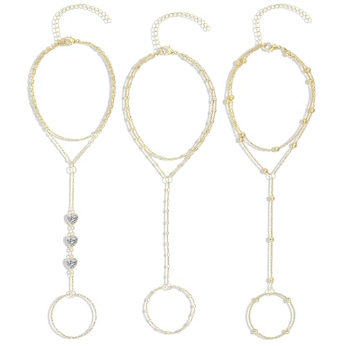 3PCS Set of Stacked Ring Bracelets Accessories for Women | 14K Gold-Plated Dainty Hand Chain Bracelets Stack Summer Jewelry for Women Trendy Ring Bracelet - color: Gold-A