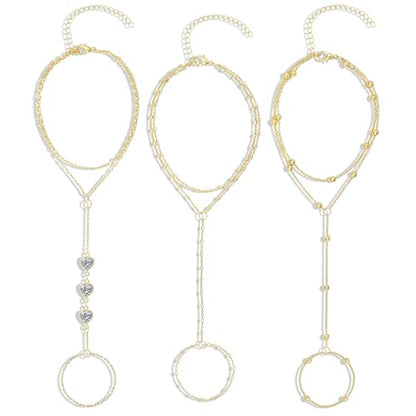 3PCS Set of Stacked Ring Bracelets Accessories for Women | 14K Gold-Plated Dainty Hand Chain Bracelets Stack Summer Jewelry for Women Trendy Ring Bracelet - color: Gold-A