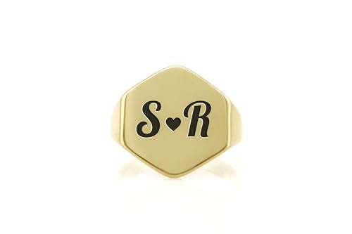 Custom Gold Signet Ring with Couples' Initials - Hexagon Shaped Anniversary Personalized Engraved Jewelry