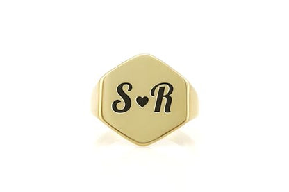 Custom Gold Signet Ring with Couples' Initials - Hexagon Shaped Anniversary Personalized Engraved Jewelry